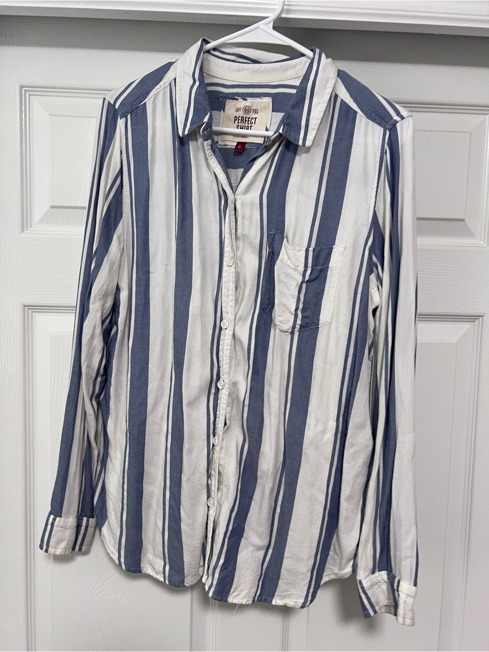 Men's Blue and White Striped Button-Up Shirt